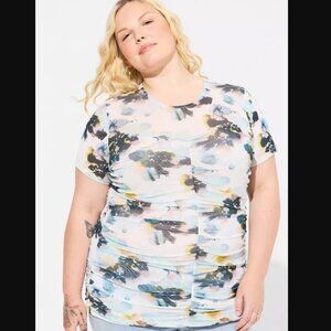 Blue FLoral Stretch Mesh Crew Neck Ruched Top